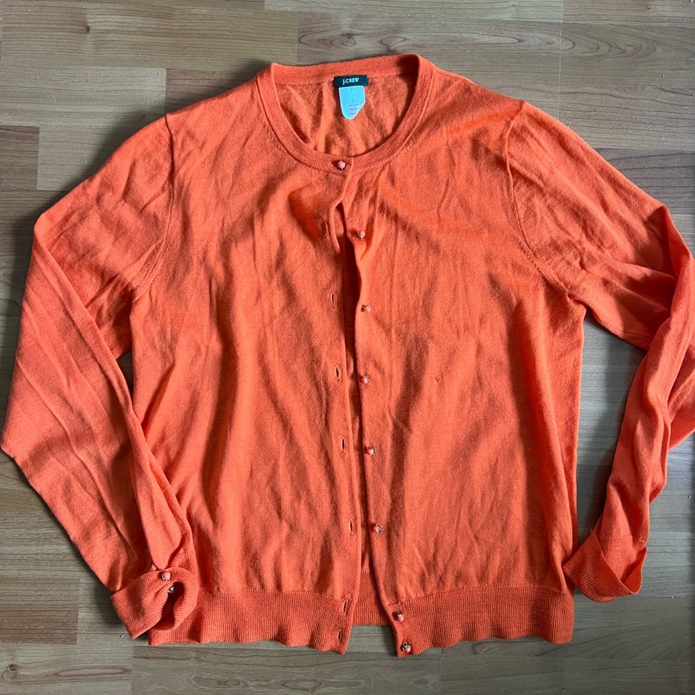 J. Crew Jeweled Orange Wool Cardigan - Size Large